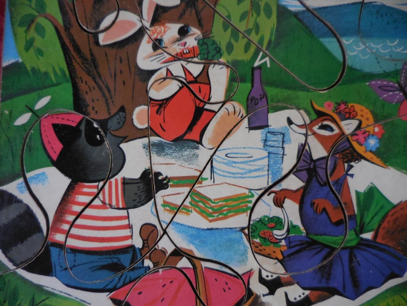 Vintage 1950s to 1960s Playskool Picture Puzzle Kids Children Animal Picnic Printed in USA Bunny RabbitFoxRaccoon 6 Large Pieces