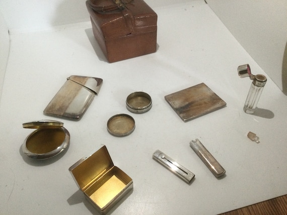 Antique Women's Silver Toiletry Set Leather Case … - image 10