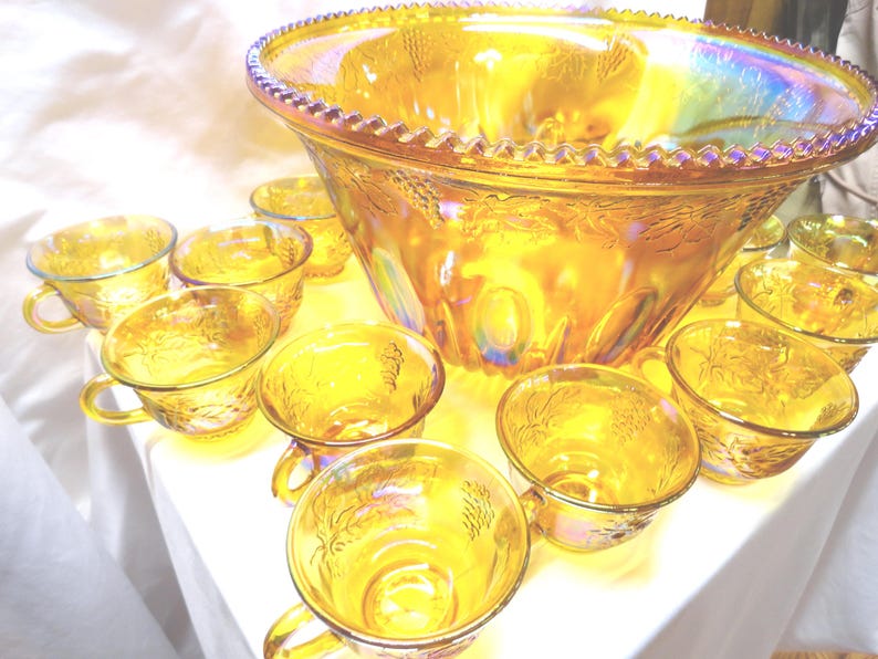 Vintage Indiana Glass Harvest Punch Bowl Set, Carnival Glass, No Ladle image 10