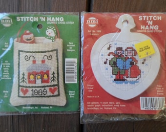 Vintage Counted Cross Stitch n' Hang NIP Little Ornament DIY Set of Two Holiday Embroidery 1989 and Carolers With Hangers 1980s