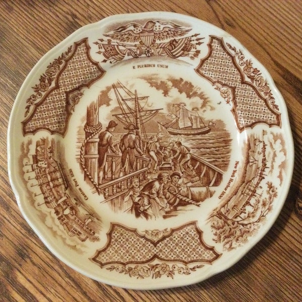 Vintage Alfred Meakin Fair Winds Bread Plate Brown Transferware Staffordshire England Chinese Export to America Ship Historical 1960s 1970s