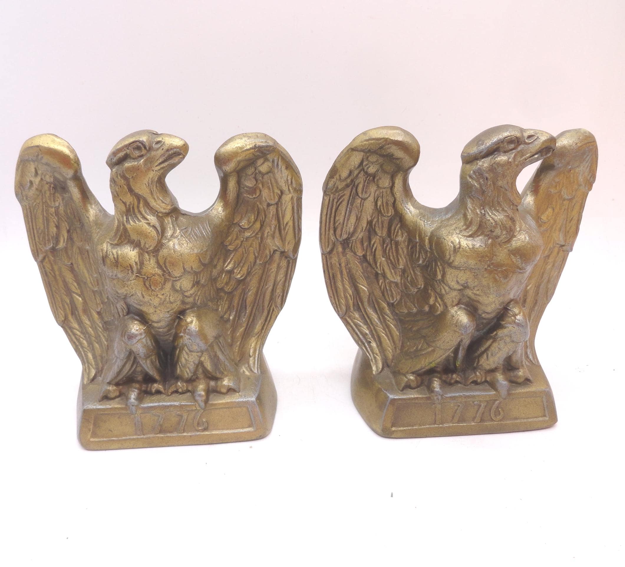 Vintage Eagle 1776 Bookends, Cast Metal, Gold Tone, Colonial