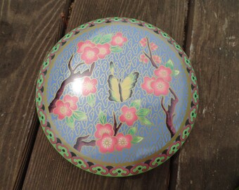 Vintage Asian Inspired Light Purple Butterfly & Flowered Tin English Round England Floral Collectible 1960s 1970s