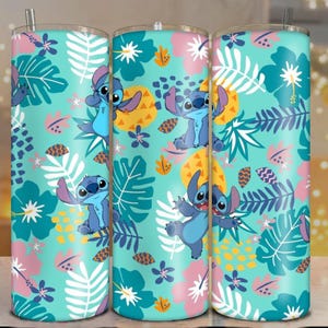 May include: A teal tumbler featuring a repeating pattern of the character Stitch from Lilo & Stitch, tropical flowers, and foliage. The design includes Stitch in various poses, set against a backdrop of pink, yellow, and white floral elements and green leaves. A silver straw is visible.