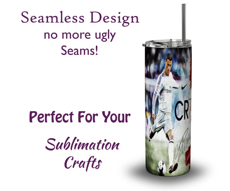 Puede incluir: Un vaso de acero inoxidable con una imagen de jugador de f&uacute;tbol y las letras "CR7" en el lateral. El vaso tiene una pajita plateada y una tapa. El texto en el vaso dice "Seamless Design no more ugly Seams!" y "Perfect For Your Sublimation Crafts."