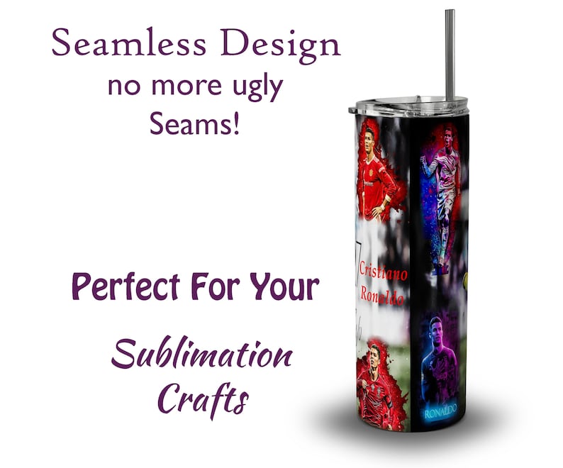 Puede incluir: Un vaso de acero inoxidable con un dise&ntilde;o en blanco y negro con im&aacute;genes de Cristiano Ronaldo. El vaso tiene una pajita plateada y el texto "Seamless Design" y "Perfect For Your Sublimation Crafts".