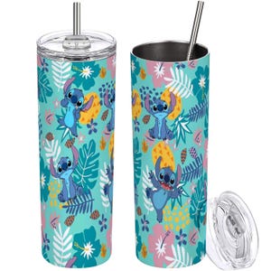 May include: Two stainless steel tumblers with a teal background featuring the character Stitch from Lilo & Stitch. The tumblers have a repeating pattern of Stitch, pineapples, and tropical flowers. One tumbler has a lid and straw.