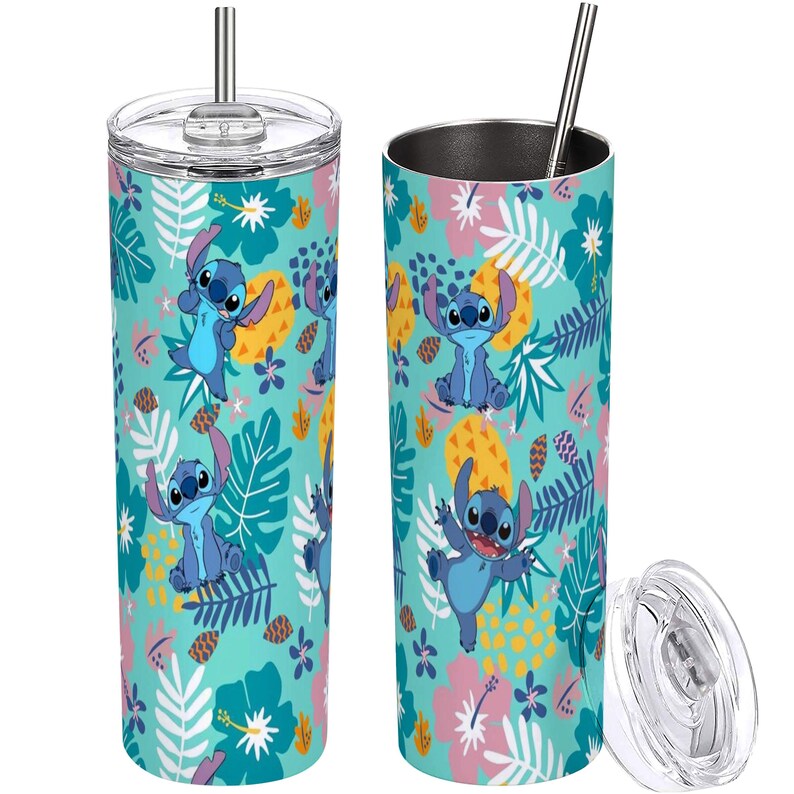 May include: Two stainless steel tumblers with a teal background featuring the character Stitch from Lilo & Stitch. The tumblers have a repeating pattern of Stitch, pineapples, and tropical flowers. One tumbler has a lid and straw.