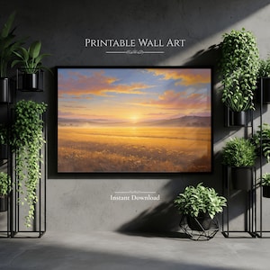 Lámina decorativa de paisaje de campo dorado para imprimir, lámina de prado al atardecer cálido, decoración de pared de naturaleza dorada, arte digital de descarga instantánea