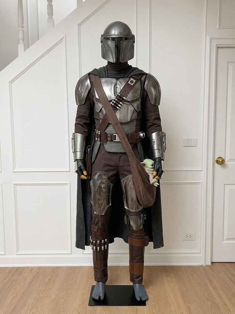 May include: A full-body Mandalorian costume on a mannequin, featuring a metallic silver helmet, chest plate, shoulder pauldrons, and gauntlets. The suit includes a dark brown jumpsuit, a brown leather bandolier, a cape, and a small green creature figure.