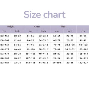 May include: A size chart table with the heading Size chart, listing measurements for sizes XS through XXXL. Columns include Height, Chest, Waist, and Hip, with values provided in both centimeters and inches for each category.