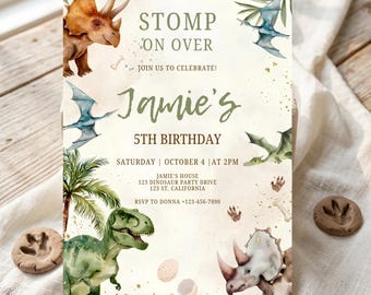 May include: A rectangular birthday invitation card featuring watercolor illustrations of dinosaurs, palm trees, and eggs. The text reads: STOMP ON OVER, JOIN US TO CELEBRATE!, Jamie's 5TH BIRTHDAY, SATURDAY | OCTOBER 4 | AT 2PM, JAMIE'S HOUSE, 123 DINOSAUR PARTY DRIVE, 123 ST, CALIFORNIA, RSVP TO DONNA +123-456-7890.