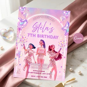 May include: A rectangular birthday invitation card with a pink and purple gradient background featuring three animated characters in sparkly outfits, heart-shaped balloons, and confetti. Text reads: JOIN US TO CELEBRATE Stela's 7TH BIRTHDAY SATURDAY, JULY 20.