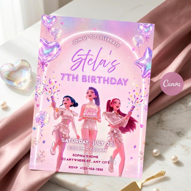 May include: A rectangular birthday invitation card with a pink and purple gradient background featuring three animated characters in sparkly outfits, heart-shaped balloons, and confetti. Text reads: JOIN US TO CELEBRATE Stela's 7TH BIRTHDAY SATURDAY, JULY 20.