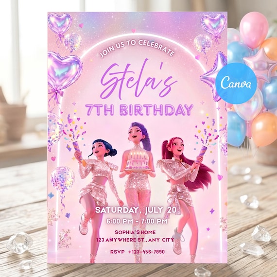 K-Pop Styled Birthday Invitation, kpop birthday  Invite party, Editable Canva Template
