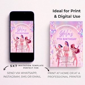 May include: A digital invitation template for a 7th birthday party featuring three illustrated figures in shimmering outfits, pink heart-shaped balloons, and text reading Stela's 7th Birthday, displayed on a smartphone screen and a 5x7 print.