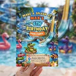 Redigerbar inbjudan till dinosauriepoolfest, mall för födelsedagsinbjudan till dinosaurieplask, 3D-tecknad vattenparksfödelsedagsfest, canvasduk för pojkebadfest