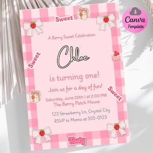 Puede incluir: Invitación rosa con un patrón de cuadros, con el texto "A Berry Sweet Celebration" y "Chloe is turning one!". Adornada con ilustraciones de fresas y lazos, cajas de regalo y una tarta. Incluye detalles del evento y un logotipo de plantilla Canva.