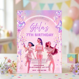 May include: A birthday invitation card featuring three animated characters in sparkly outfits, with text reading JOIN US TO CELEBRATE Stela's 7TH BIRTHDAY, SATURDAY, JULY 20, 6:00 PM - 7:00 PM, SOPHIA'S HOME, 123 ANYWHERE ST., ANY CITY, RSVP +123-456-7890.