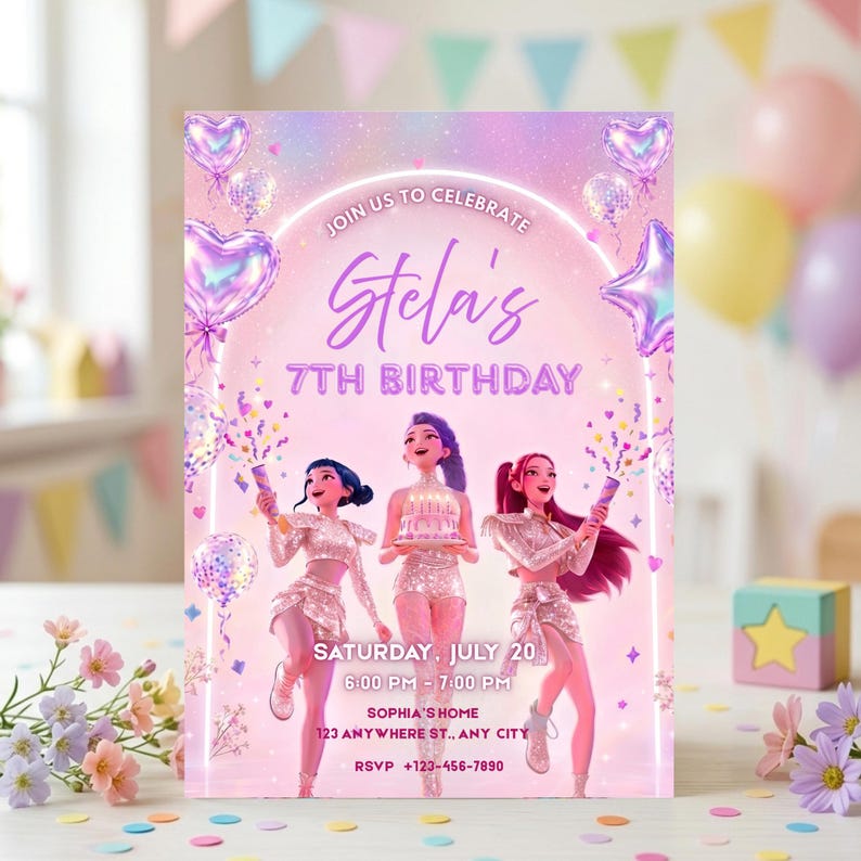 May include: A birthday invitation card featuring three animated characters in sparkly outfits, with text reading JOIN US TO CELEBRATE Stela's 7TH BIRTHDAY, SATURDAY, JULY 20, 6:00 PM - 7:00 PM, SOPHIA'S HOME, 123 ANYWHERE ST., ANY CITY, RSVP +123-456-7890.