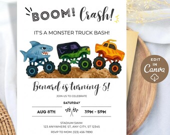 May include: A rectangular party invitation card featuring a black and white checkered border. The text reads BOOM! CRASH! IT'S A MONSTER TRUCK BASH! Benard is turning 5! The design includes watercolor illustrations of three monster trucks on dirt.