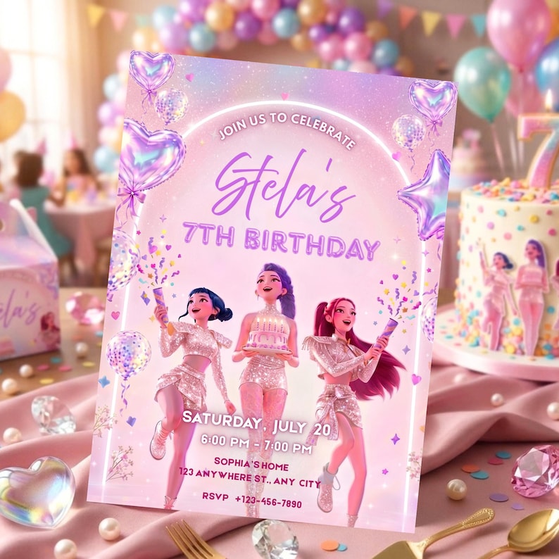 May include: A rectangular birthday invitation card featuring a pastel pink and purple gradient background with holographic heart and star balloons. The text reads: JOIN US TO CELEBRATE Stela's 7TH BIRTHDAY SATURDAY, JULY 20 6:00 PM - 7:00 PM SOPHIA'S HOME 123 ANYWHERE ST., ANY CITY RSVP +123-456-7890.