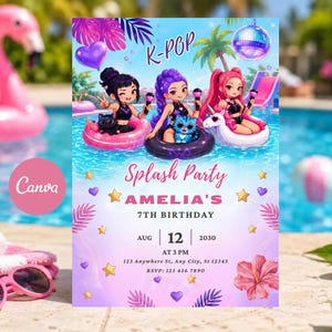 Può includere: Un invito per una K-Pop Splash Party con tre personaggi dei cartoni animati su salvagenti, una palla da discoteca, palme e fiori di ibisco. Il testo recita: K-POP Splash Party AMELIA'S 7TH BIRTHDAY AUG 12 2030 AT 3 PM 123 Anywhere St, Any City, St 12345 RSVP: 123 456 7890.