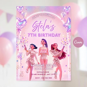 May include: A birthday invitation card featuring three animated characters in sparkly outfits, one holding a cake. The text reads: JOIN US TO CELEBRATE Stela's 7TH BIRTHDAY, SATURDAY, JULY 20, 6:00 PM - 7:00 PM, SOPHIA'S HOME, 123 ANYWHERE ST., ANY CITY, RSVP +123-456-7890.