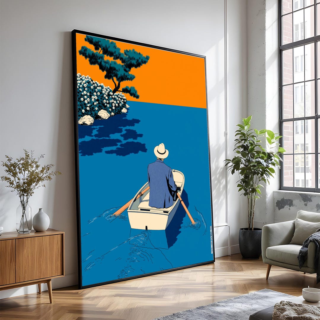 Man Rowing Boat Minimalist Landscape Canvas, Modern Nature Wall Art ...