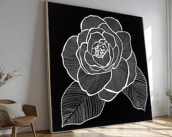 Elegant Black and White Floral Canvas, Modern Rose Wall Art, Minimalist Botanical Design, Monochrome Flower Canvas, Contemporary Home Decor