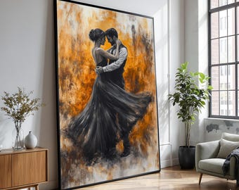 Romantic Couple Dancing Canvas, Elegant Ballroom Dance Wall Art, Black Dress and Suit Painting, Intimate Home Decor, Modern Art Print