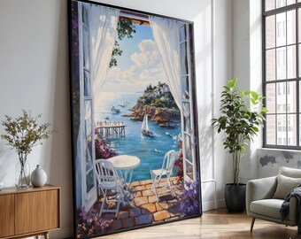 Coastal View from Open Window Canvas, Mediterranean Seaside Landscape, Sailboats and Pier, Garden Patio Wall Art, Relaxing Ocean Scene