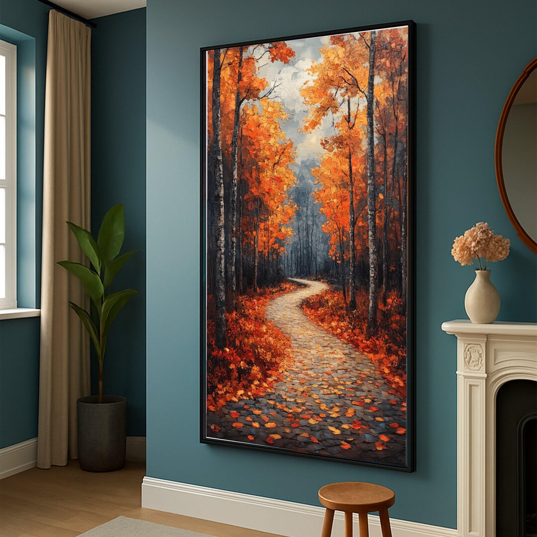 Autumn Forest Path Canvas Wall Art, Orange Fall Leaves Painting, Nature ...