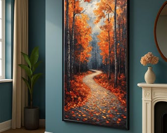 Lienzo decorativo para pared con sendero forestal otoñal, hojas otoñales anaranjadas, paisaje natural, decoración rústica de bosque, listo para colgar.