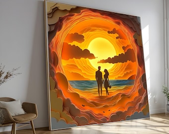 Romantic Sunset Silhouette, Couple Holding Hands Canvas, Beach