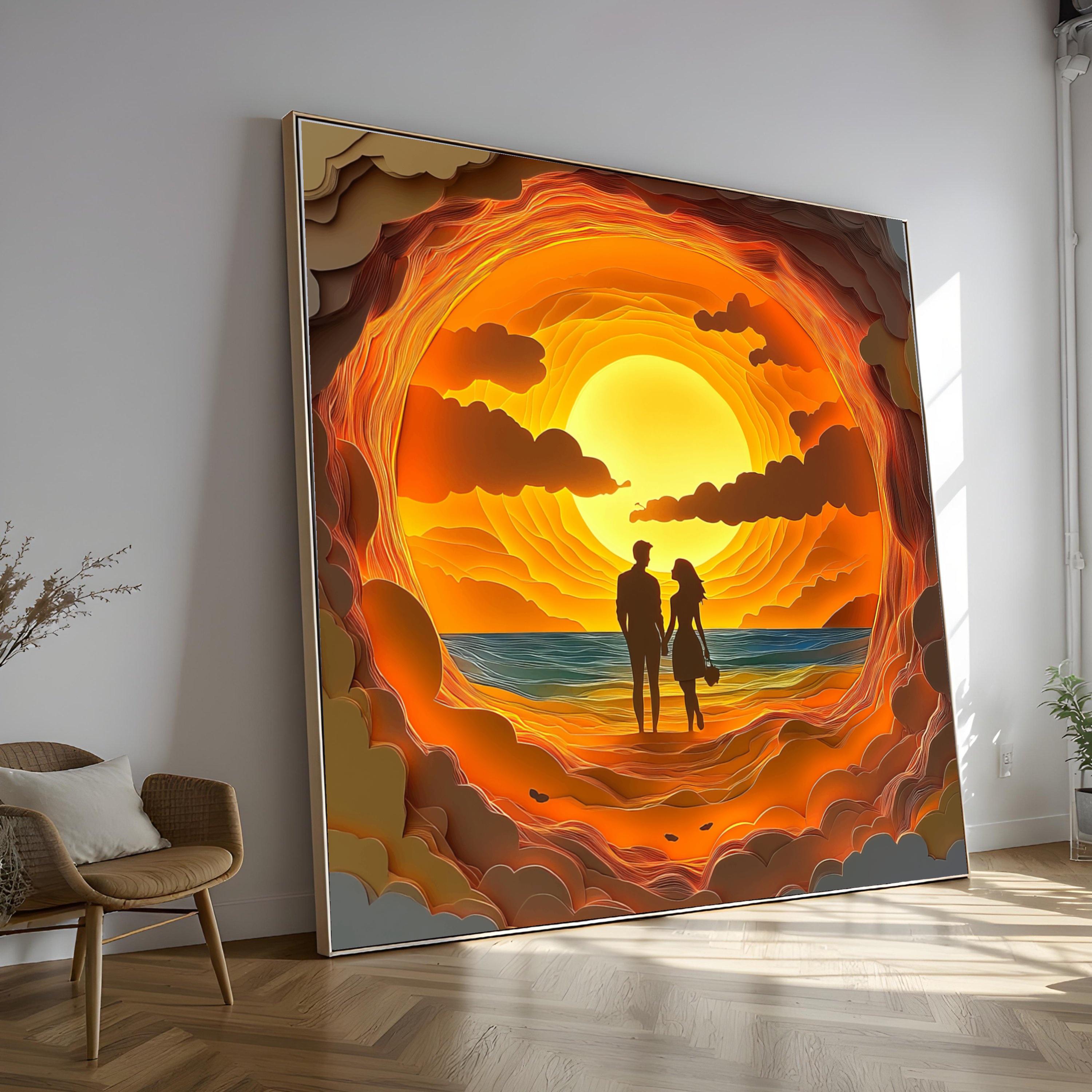 Romantic Sunset Silhouette, Couple Holding Hands Canvas, Beach