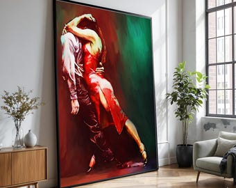 Passionate Tango Dance Canvas, Romantic Couple Dance Art, Vibrant Wall Decor, Red Dress Dance Painting, Home Interior Canvas Art