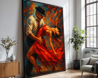 May include: Large framed artwork depicting a couple dancing. The man wears a fedora, white shirt, and red tie, while the woman is in a flowing red dress. The painting uses vibrant colors, with a focus on blues, oranges, and reds, creating a dynamic and passionate scene.
