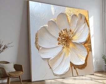 花の絵掛軸 ベージュ 金色装飾 白と金の花の絵画、モダンな植物キャンバス、すぐに掛けられる - Etsy 日本