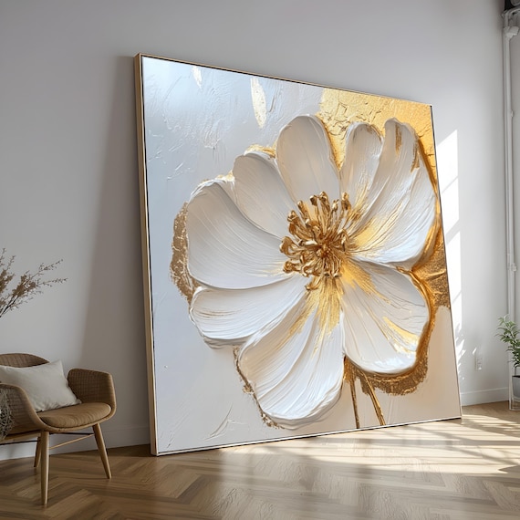 白と金の花の絵画、モダンな植物キャンバス、すぐに掛けられる - Etsy 日本