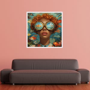 Surreal Underwater Vision, Redhead Woman with Steampunk Goggles Canvas, Fish and Ocean Scene Wall Art, Colorful Artistic Portrait Canvas image 9