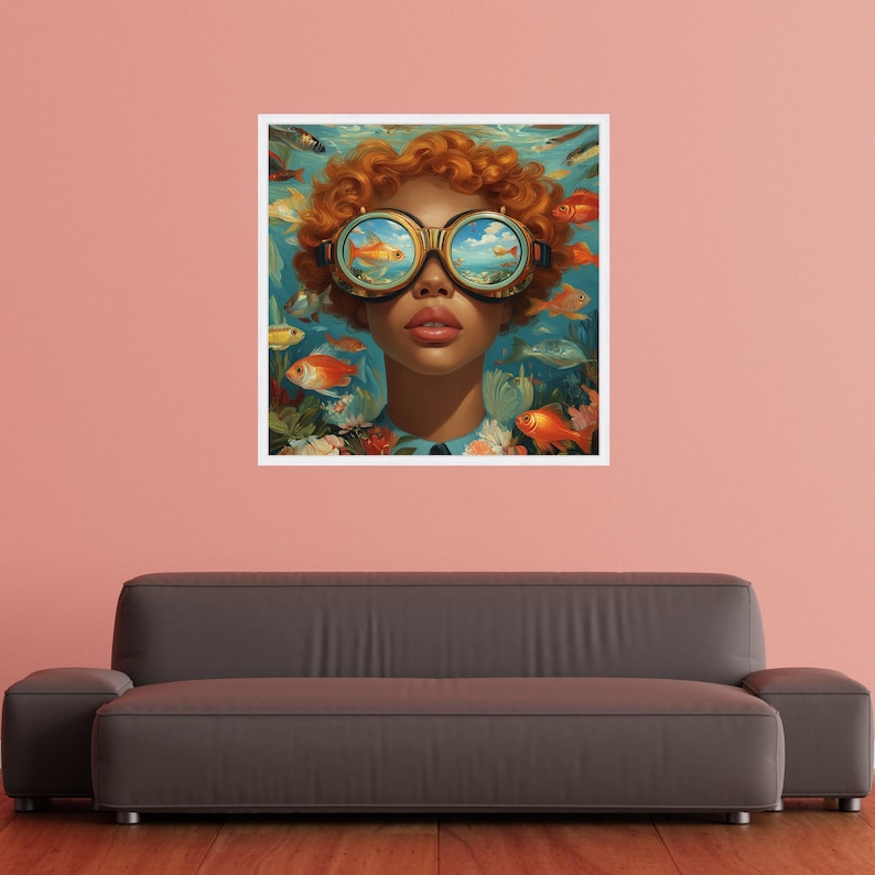 Surreal Underwater Vision, Redhead Woman with Steampunk Goggles Canvas, Fish and Ocean Scene Wall Art, Colorful Artistic Portrait Canvas image 9