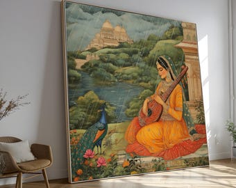 Vintage Indian Woman with Sitar Canvas, Rajasthani Art, Ethnic Home Decor