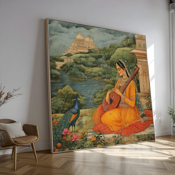 Vintage Indian Woman with Sitar Canvas, Rajasthani Art, Ethnic Home Decor