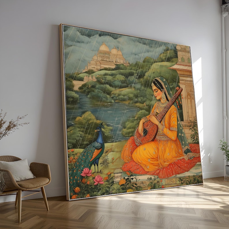 Lienzo vintage de una mujer india con sitar, arte de Rajastán, decoración étnica para el hogar imagen 1