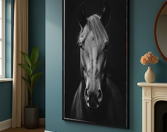 May include: Black and white framed print of a horse's head. The horse has a light-colored mane and is set against a dark background. The artwork is displayed on a teal wall.