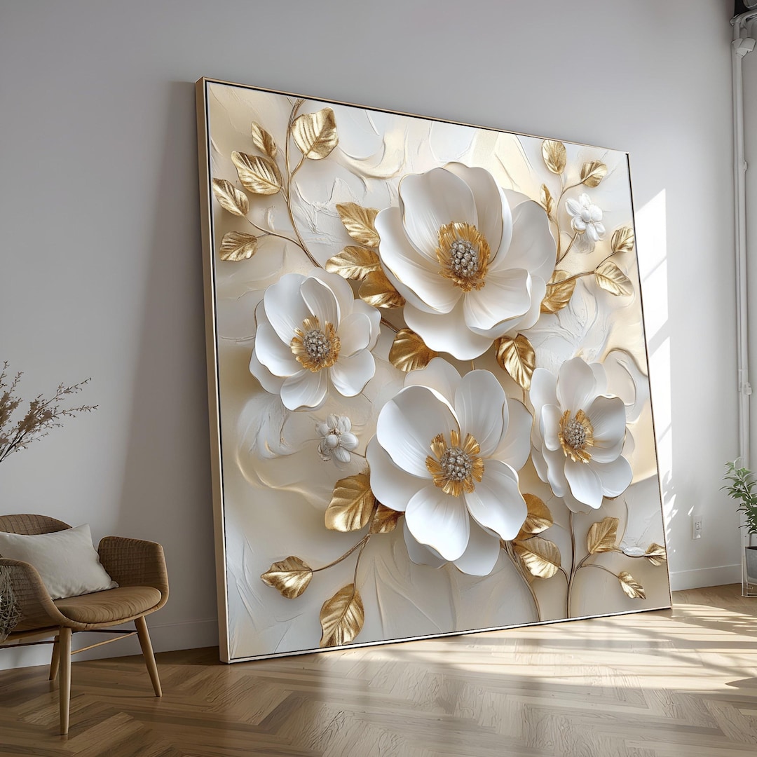 Elegant White and Gold Flowers Canvas Wall Art, Floral Texture Painting ...