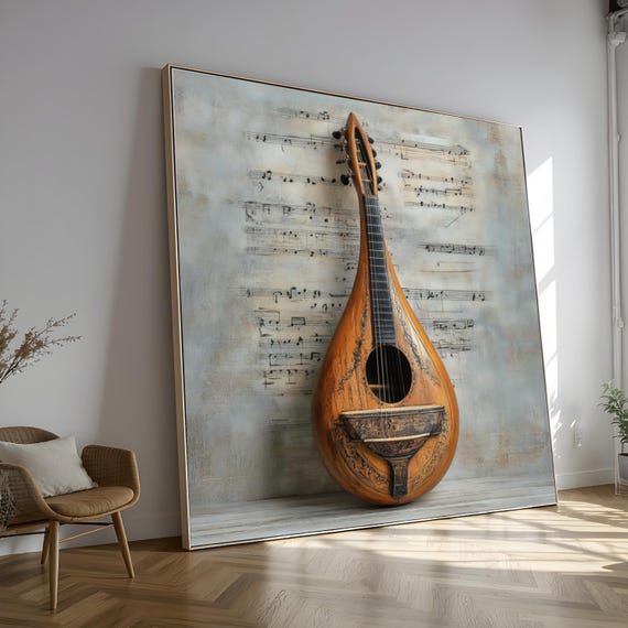 Vintage Mandolin Canvas Wall Art, Rustic Musical Instrument Decor
