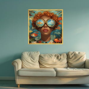 Surreal Underwater Vision, Redhead Woman with Steampunk Goggles Canvas, Fish and Ocean Scene Wall Art, Colorful Artistic Portrait Canvas image 7