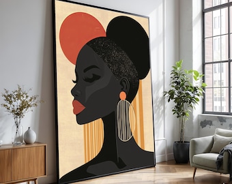 Elegante zwarte vrouw portret canvas, moderne afrocentrische muurkunst, minimalistisch vrouwelijk silhouet, abstract gezicht canvas, chique woondecoratie